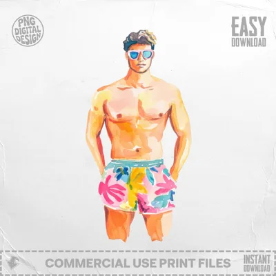 Man in colorful floral swim trunks and sunglasses.