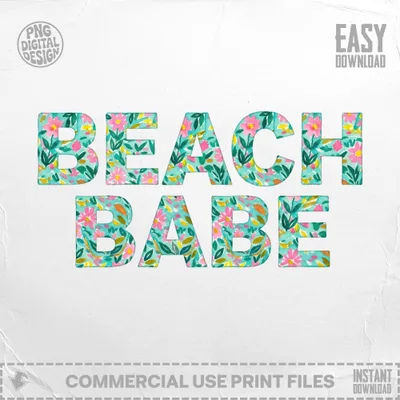 Beach Babe text with floral watercolor pattern.