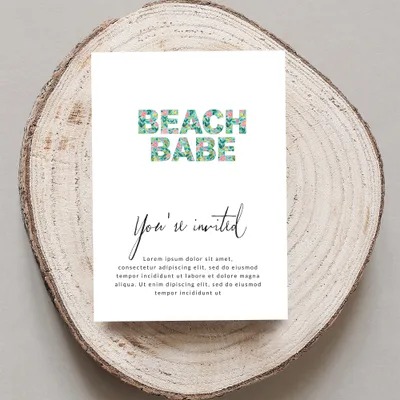 Beach Babe invitation with "You're invited" text and placeholder copy.