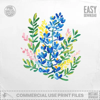 Watercolor illustration of blue, yellow, and pink wildflowers with "EASY DOWNLOAD" and "COMMERCIAL USE PRINT FILES" text.