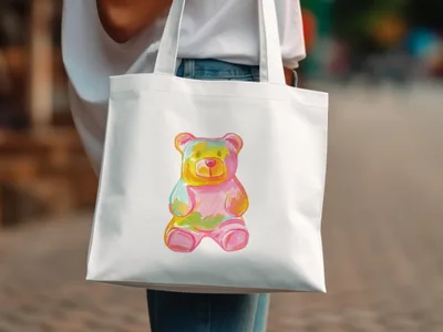 White canvas tote bag with watercolor gummy bear illustration.