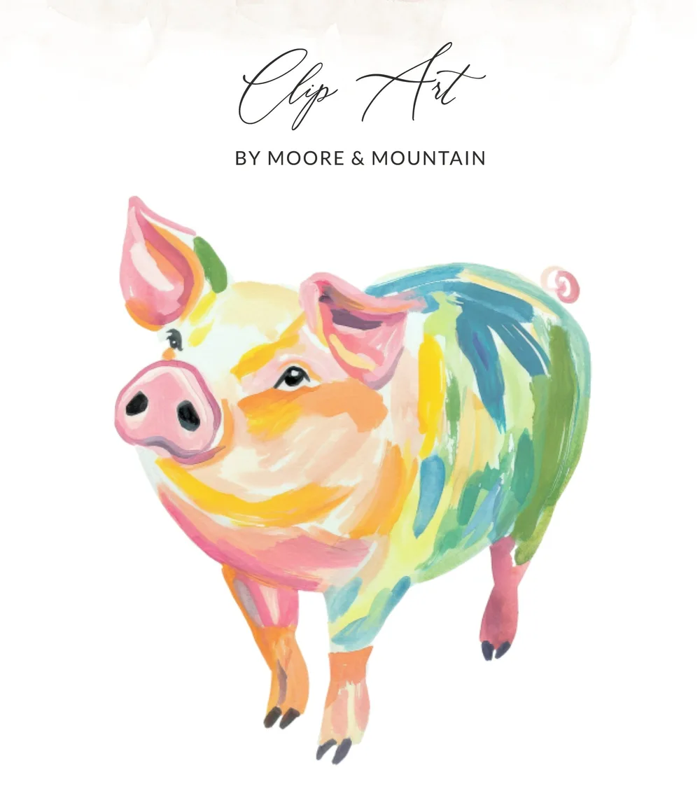 Colorful watercolor pig illustration with text "Clip Art by Moore & Mountain".