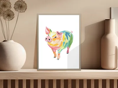 Watercolor painting of a pig with vibrant, colorful brushstrokes.