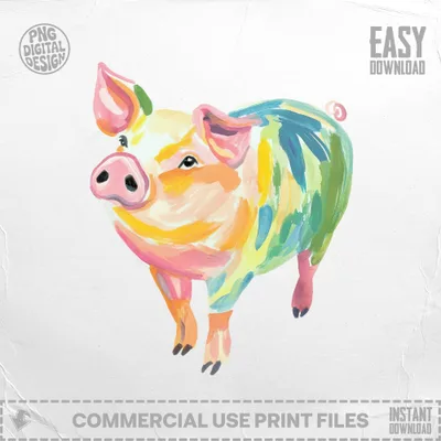 Watercolor pig with colorful brushstrokes, "PNG Digital Design" and "Easy Download" text.