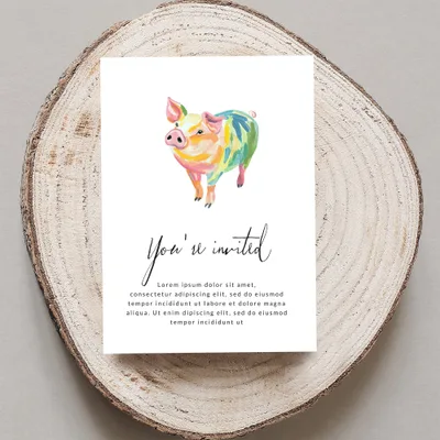 Watercolor pig on invitation card that reads "You're invited" and placeholder text.