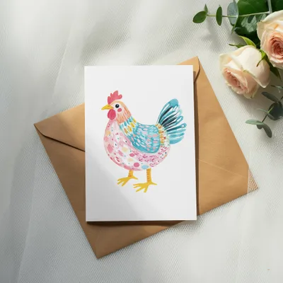 Watercolor chicken illustration on a card resting on an open envelope.