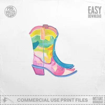 Colorful watercolor cowboy boots with "Easy Download" and "PNG Digital Design" text.