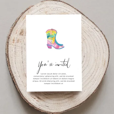 Card with "You're invited" text, rainbow cowboy boot illustration.