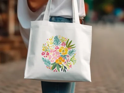 White tote bag with a colorful floral bouquet design.