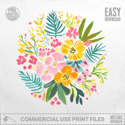 Watercolor floral bouquet with "Easy Download" and "Commercial Use Print Files" text.