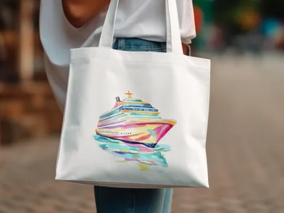 White tote bag with colorful watercolor painting of a cruise ship on water.