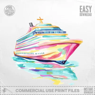 Colorful watercolor cruise ship sailing on reflective water.