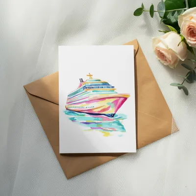 Watercolor painting of a colorful cruise ship on a white card.