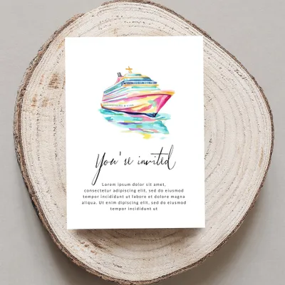 Colorful cruise ship invitation with watercolor style and placeholder text.