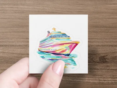 Watercolor illustration of a colorful cruise ship on water.