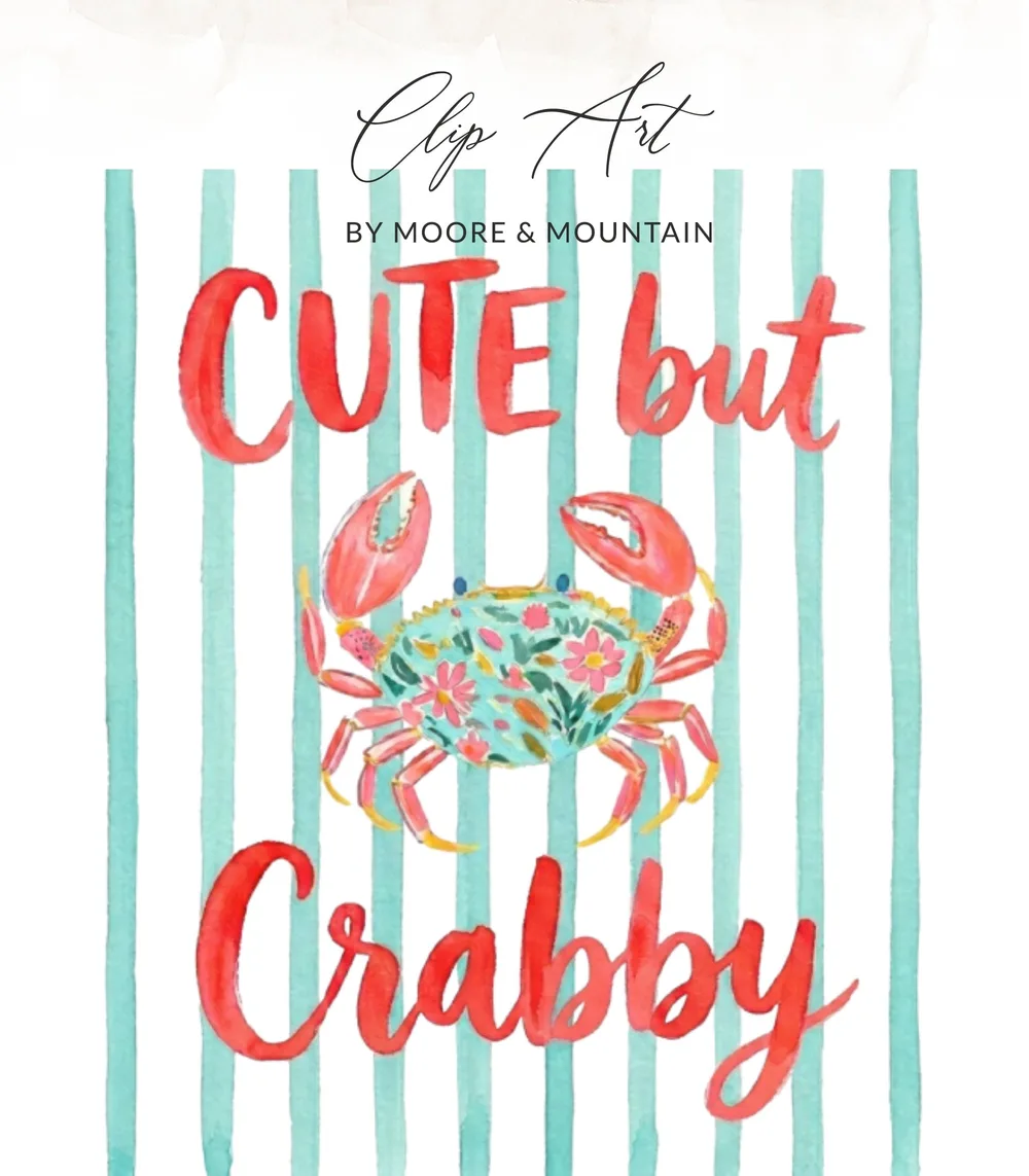 Watercolor crab illustration with text "CUTE but Crabby" on striped background.