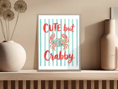 "Cute but Crabby" sign with watercolor crab and blue stripes.