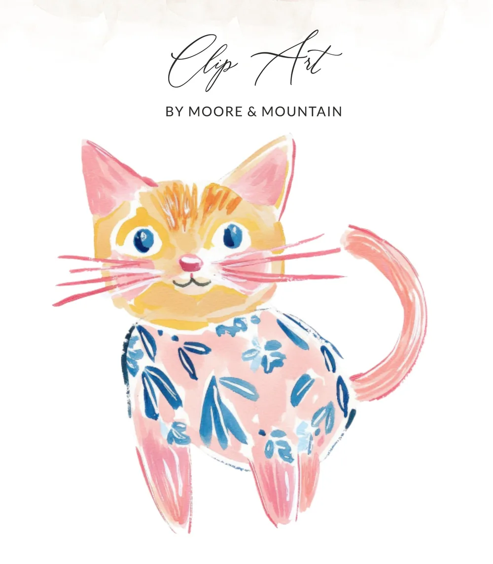 Whimsical illustration of a ginger cat in a floral smock.