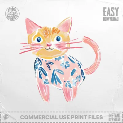 Orange tabby cat wearing a floral print shirt, with "Easy Download" and "PNG Digital Design" text.