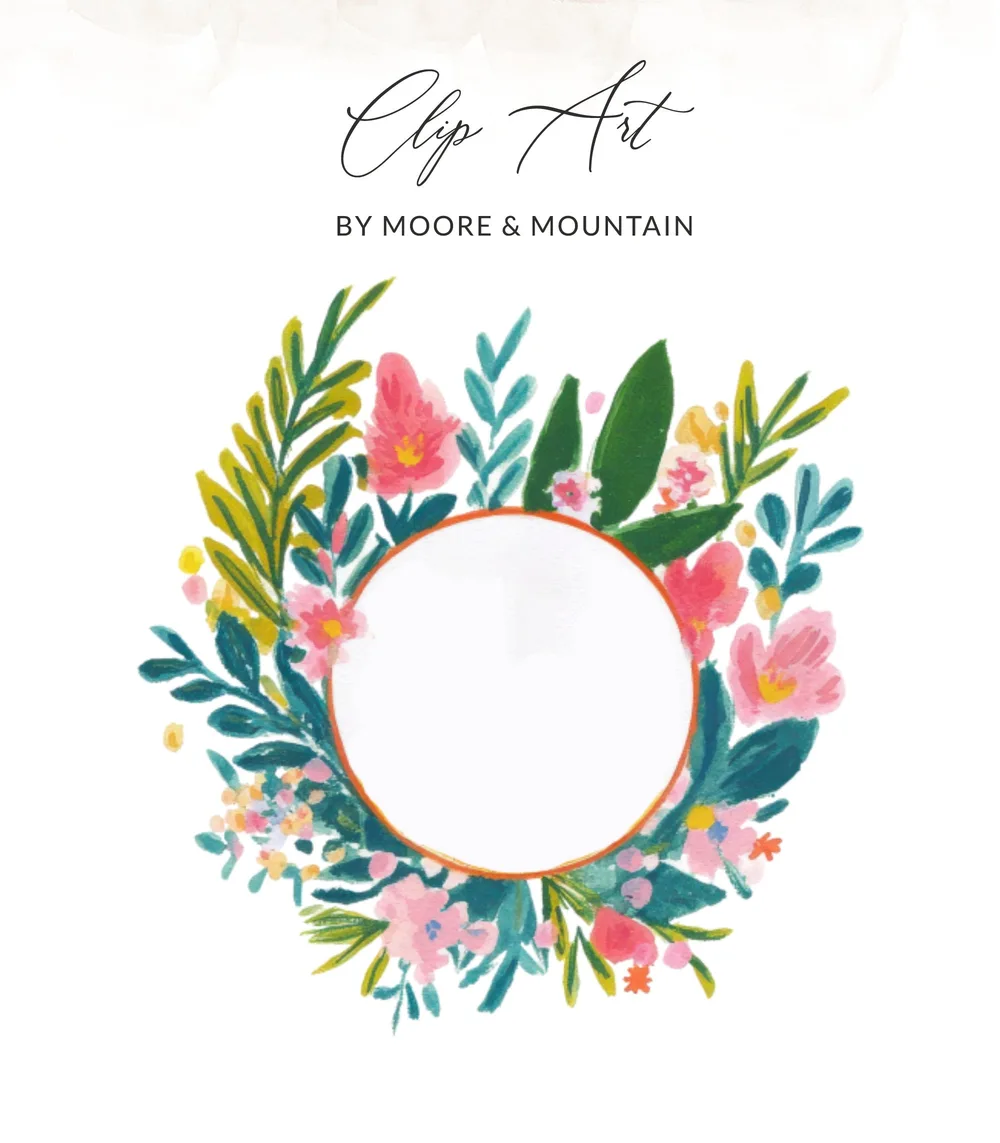 Watercolor floral wreath with blank circular space for text.