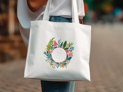 White tote bag with a colorful floral wreath design.