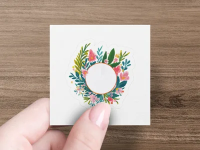 Floral wreath sticker with pink and green flowers on a white square.