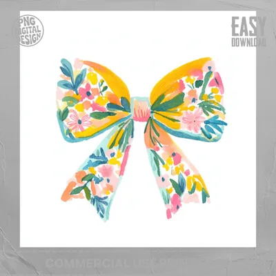 SVG Floral Bow Watercolor Illustration PNG SVG, Preppy Clipart Graphic, Colorful Pastel Design, Whimsical Art Print, Girly Sticker File