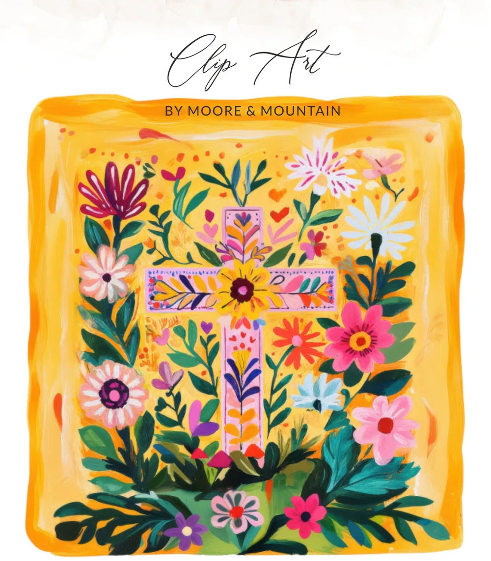 Floral cross art with "Clip Art by Moore & Mountain" text.