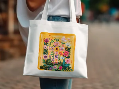 White tote bag with colorful floral cross design.