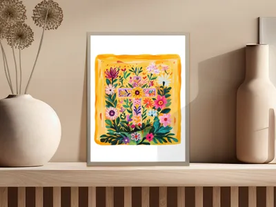 Floral cross art print with vibrant flowers and geometric patterns.