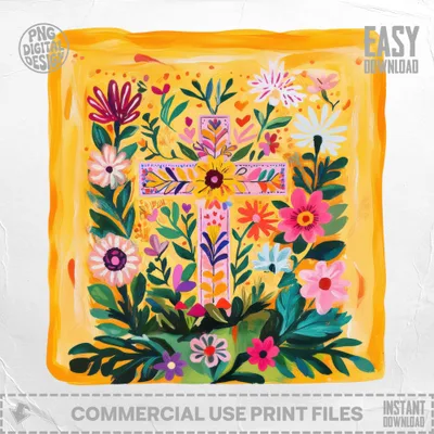 Colorful folk art cross with flowers and text "EASY DOWNLOAD".