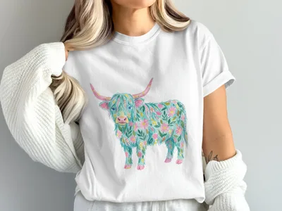 White t-shirt with a watercolor Highland cow design featuring floral patterns.