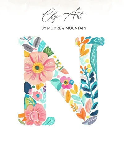 SVG Floral Letter N SVG PNG, Watercolor Alphabet N Digital, Botanical Initial Clipart, Pink Orange Blue Flowers, Nursery Decor, Monogram Art