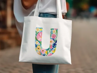 White tote bag with a large, colorful floral letter "U" design.