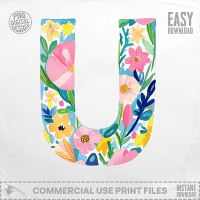 Watercolor letter U with colorful flowers and leaves, "Easy Download" text.
