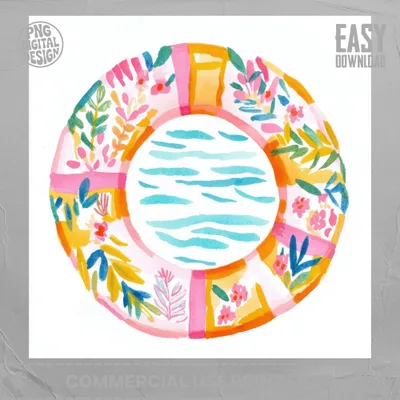 Colorful floral life preserver design with blue water pattern.