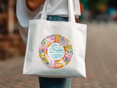 White canvas tote bag with colorful floral and water design.