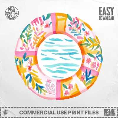 Watercolor floral wreath with pool water pattern.