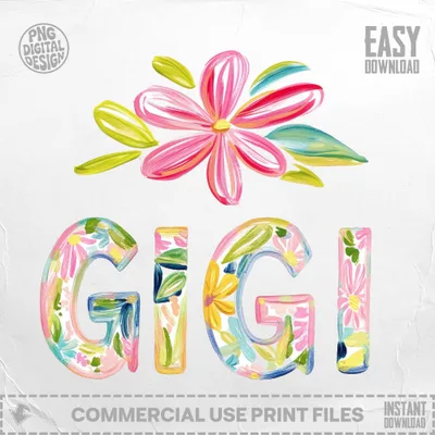 "Gigi" text with floral accents, digital download design.