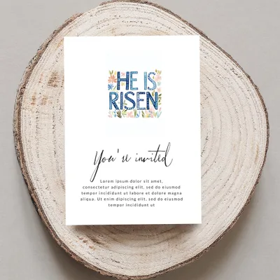 "He is Risen" invitation with floral accents and cursive "You're invited".