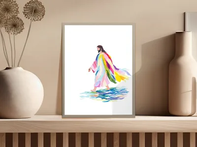 Jesus walking on colorful water in a framed print on a shelf.