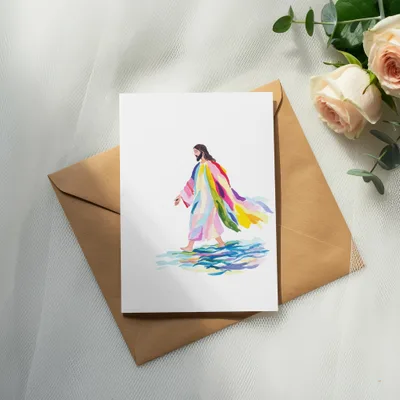 Jesus walking on water in a colorful robe on a card.