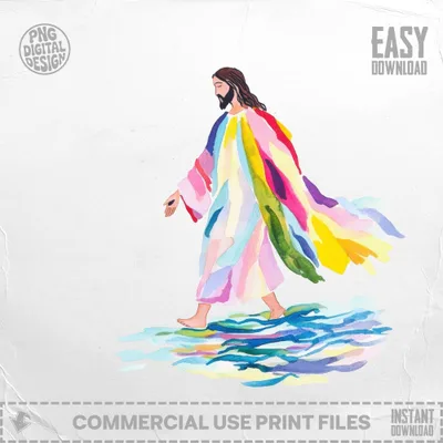 Jesus walking on water, depicted with colorful flowing robes.