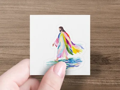 Jesus walking on colorful water.