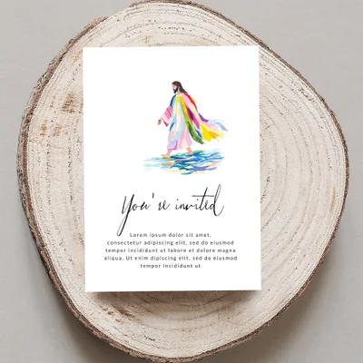 Invitation with Jesus walking on water and "You're invited" text.
