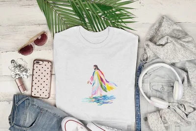 White t-shirt with watercolor depiction of Jesus walking on water.
