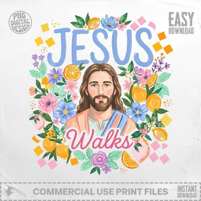 Jesus Walks design surrounded by colorful flowers, oranges, and leaves.