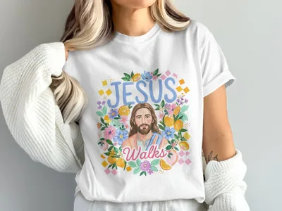 White t-shirt with floral design and Jesus Walks text.