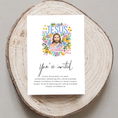 Jesus Walks invitation with floral border and placeholder text.