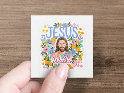 Jesus Walks sticker with floral and citrus border.